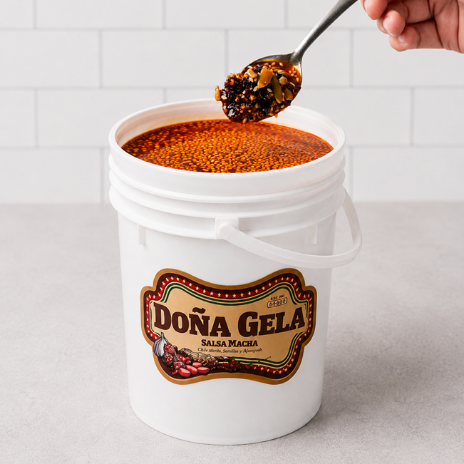 Salsa Macha Cubeta 3.8 kg - Chile Morita con Semillas y Arándanos - Doña Gela